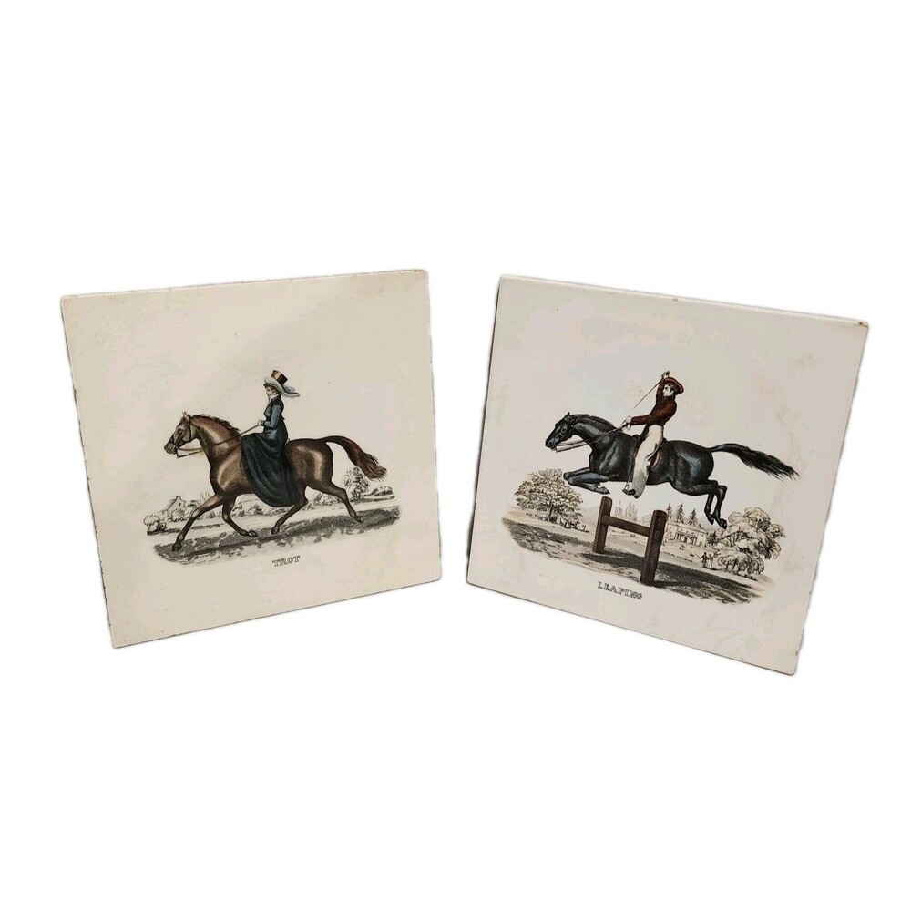 Vintage Pair of Horseback Riding/Equestrian  Ceramic Tiles with Felt Backing